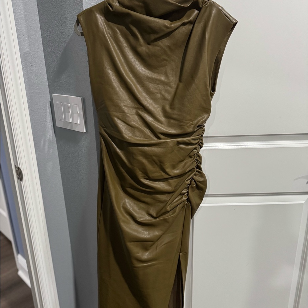 Anthropologie Green Ruched Sheath Dress Cowl Neck Maxi